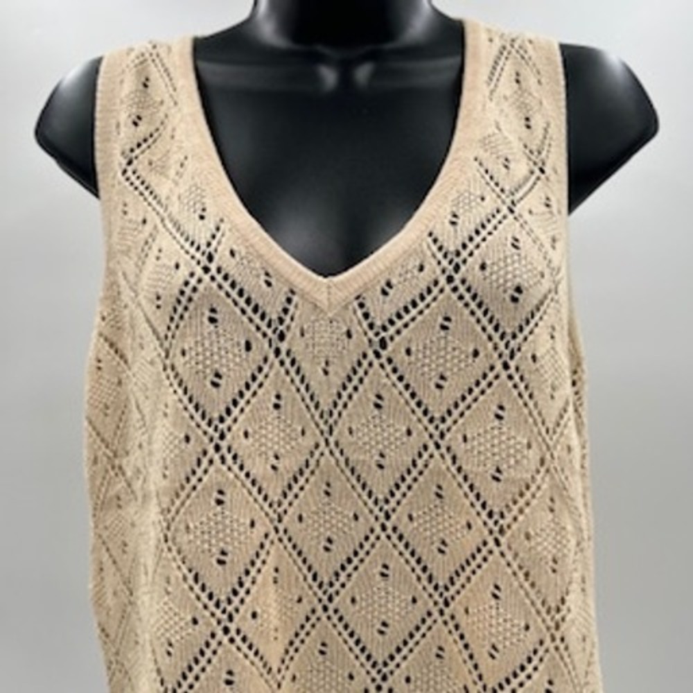 FISOEW Women Khaki Pointelle Knit V-Neck Sweater Vest Diamond Open Weave Size M - Picture 2 of 8